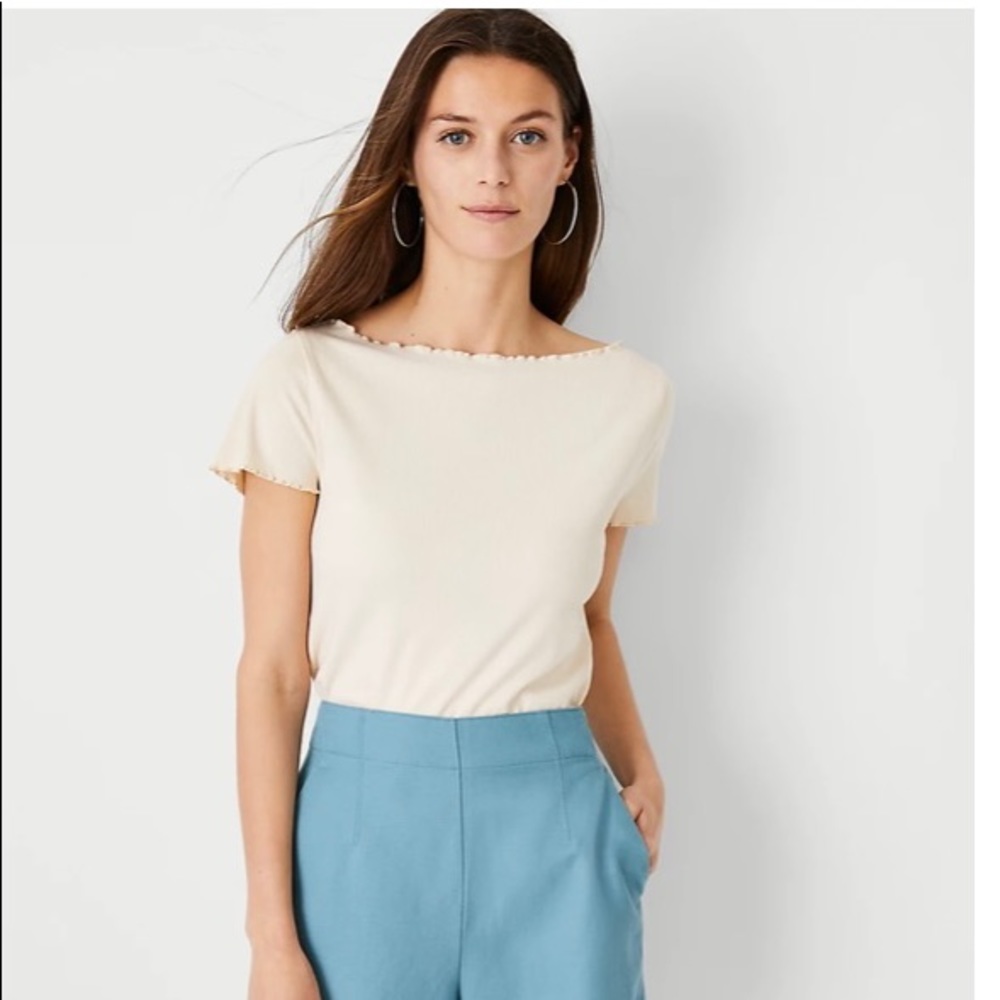 Ann Taylor Ribbed Lettuce Hem Top Sand Shell PM